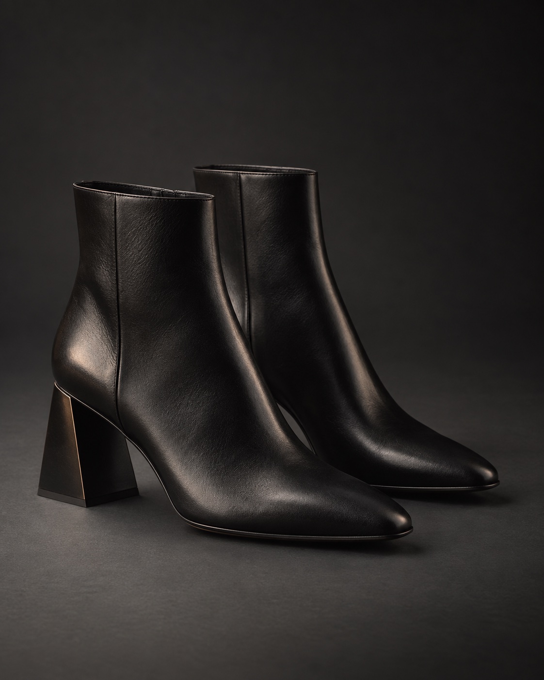 Black leather angular heel ankle boots on a charcoal studio background