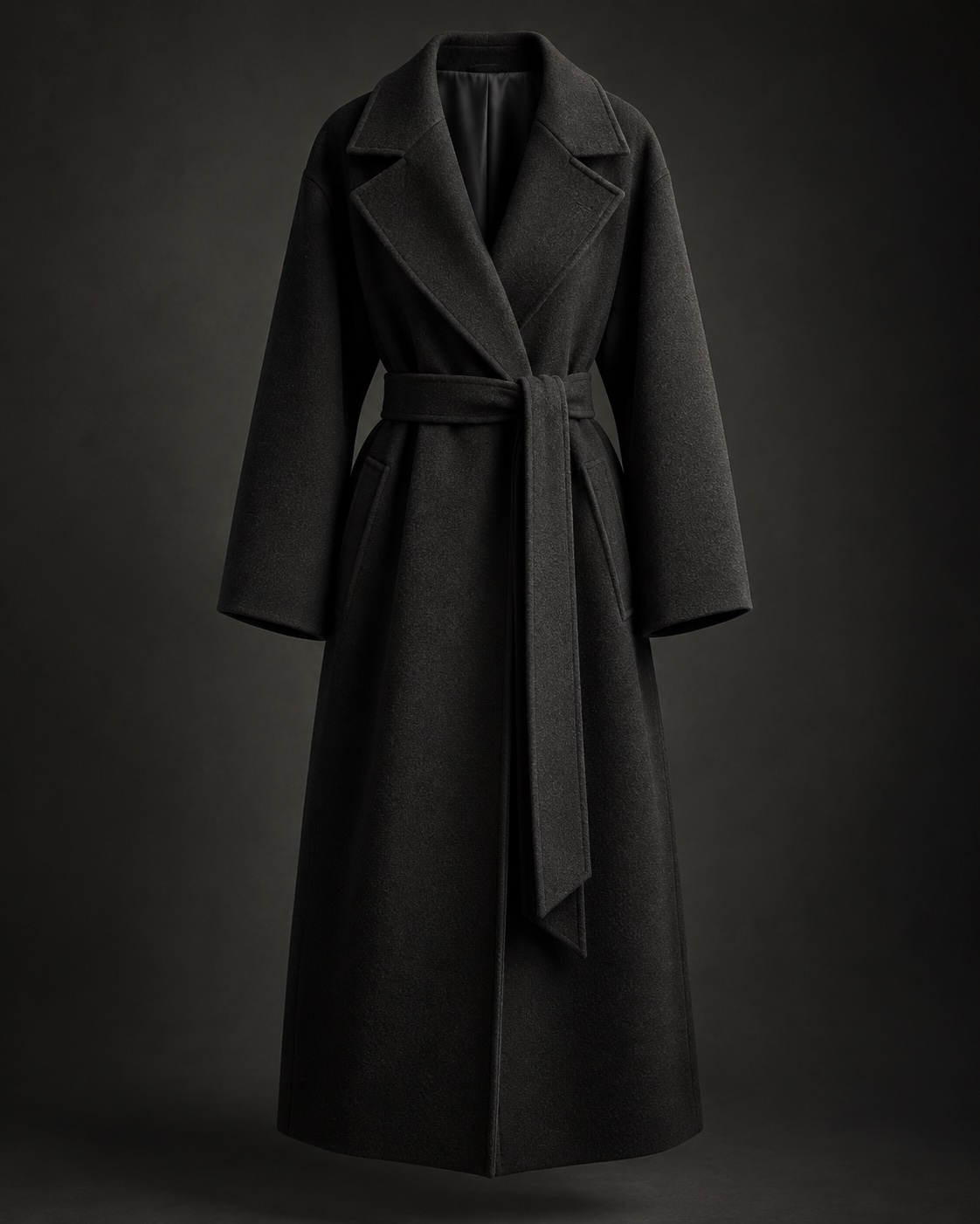 Black wool wrap coat on a charcoal studio background