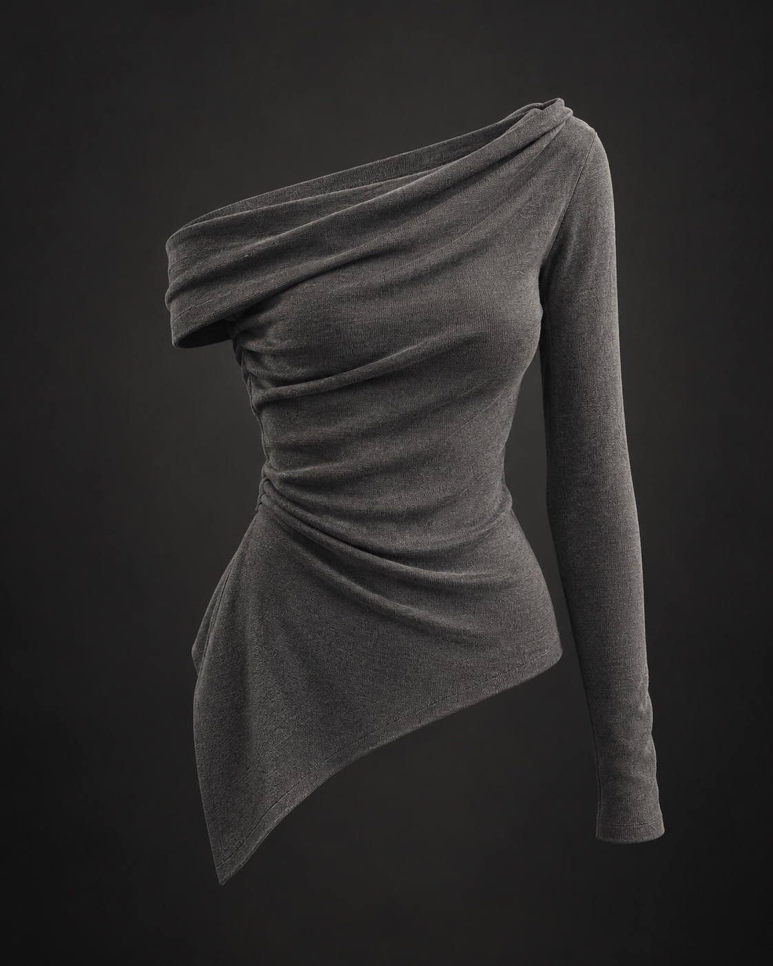 Slate grey asymmetric draped knit top on a charcoal studio background